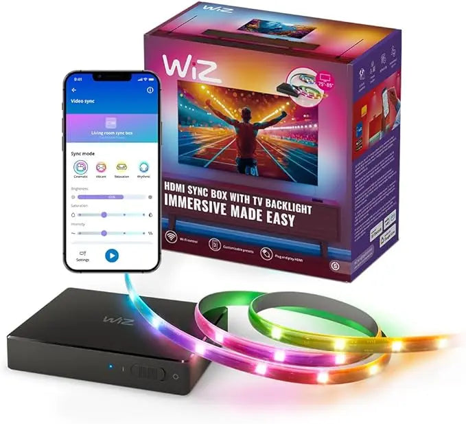 WiZ HDMI Sync Box avec rétroéclairage TV – Synchronise les lumières avec vos films, jeux et musiques – Ruban LED RGBIC pour TV de 55 à 65 pouces – Contrôle via application – Compatible Google et Alexa