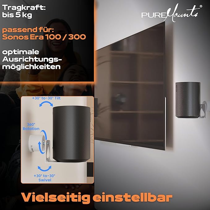 Support  PureMounts de Haut-Parleur pour Sonos Era 100 et 300 "Lot de 2",  avec Gestion des câbles, pivotant +/-30°, inclinable 0/-30° (Blanc)