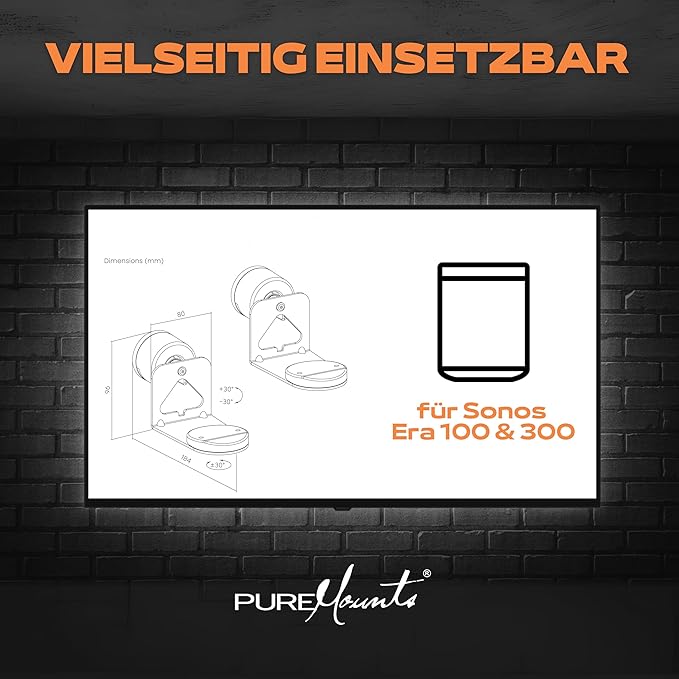 Support  PureMounts de Haut-Parleur pour Sonos Era 100 et 300 "Lot de 2",  avec Gestion des câbles, pivotant +/-30°, inclinable 0/-30° (Blanc)