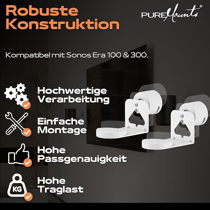 Support  PureMounts de Haut-Parleur pour Sonos Era 100 et 300 "Lot de 2",  avec Gestion des câbles, pivotant +/-30°, inclinable 0/-30° (Blanc)