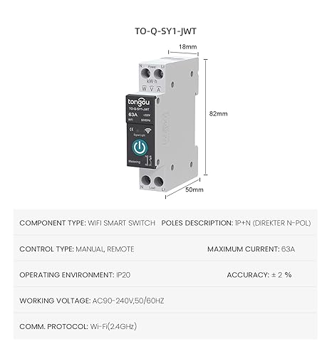 Tuya disjoncteur intelligent avec mesure, 1P, 63A, Zigbee