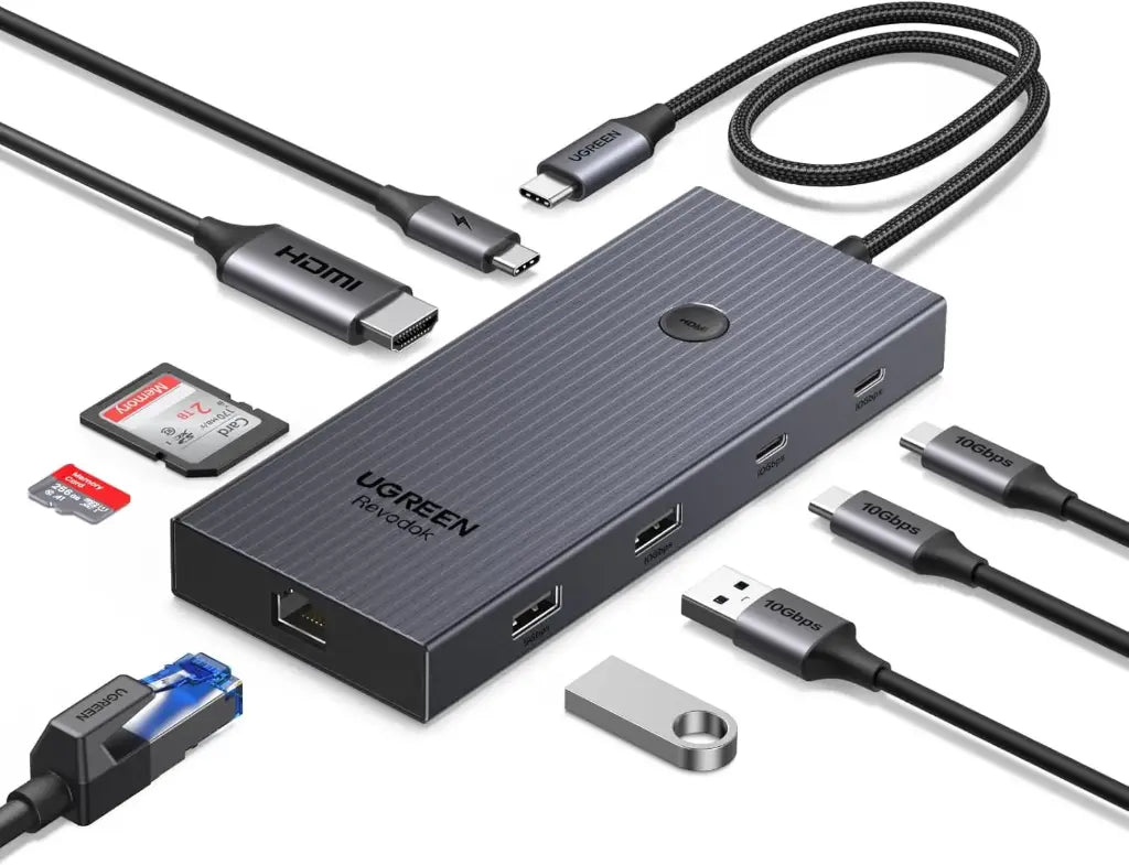 UGREEN Revodok Pro 1091 10Gbps Hub USB C Ethernet Gigabit HDMI 4K 60Hz Lecteur de Carte SD TF PD 100W Multi Data Ports 2A-2C 9 en 1 Dock USB C