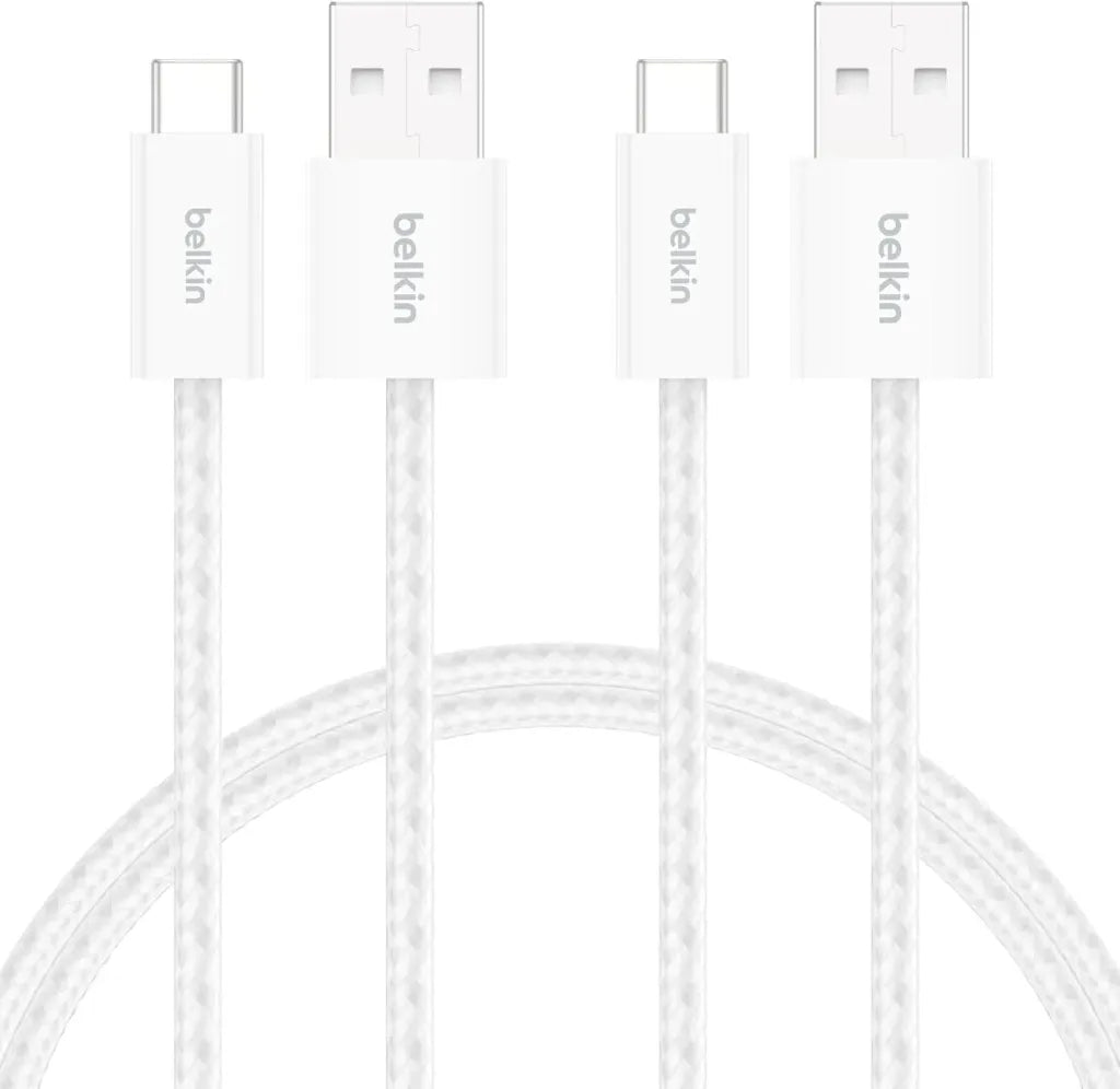 Belkin Pack de 2 Câbles USB-A vers USB-C avec gaine tressée (1,5 m, 15 W, doux au toucher, souple, recharge rapide - Blanc