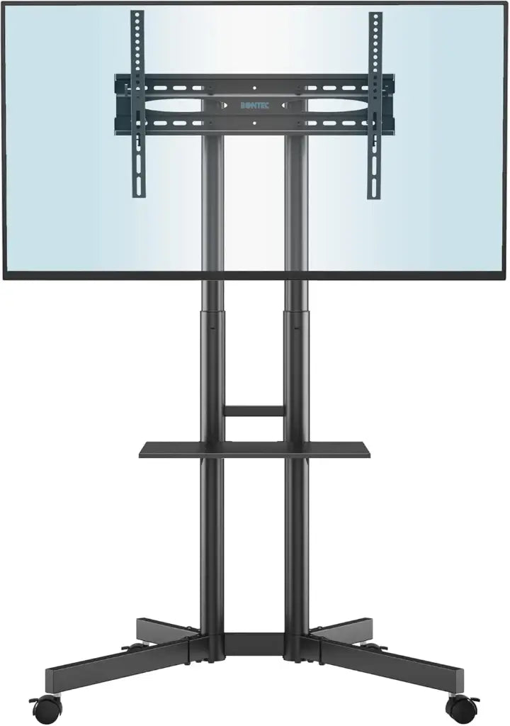 BONTEC Support TV sur Pied Mobile avec roulettes pour Télévisions de 32 à 85", Pied TV Réglable en Hauteur, Pied Télévision avec Étagère