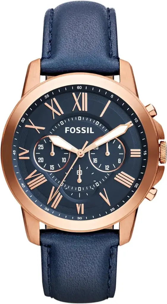 FOSSIL Montre pour Homme Grant, Taille de boîtier de 44 mm, Mouvement Chronographe à Quartz Bracelet en Cuir Bleu