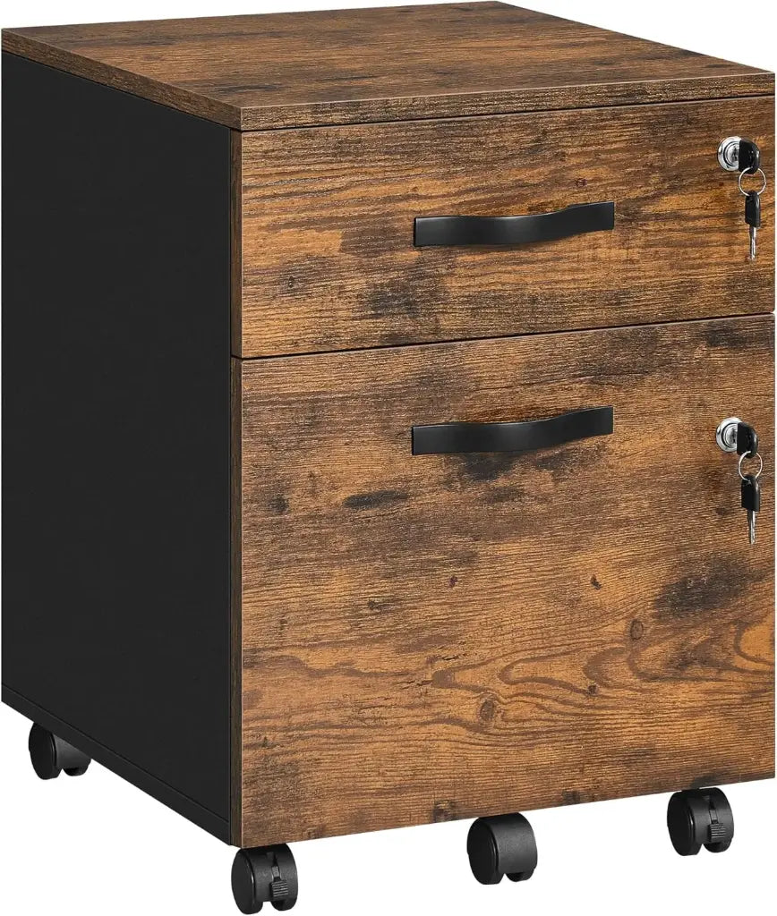 VASAGLE Caisson de Bureau à Roulettes – Verrouillable, 2 Tiroirs, Barre de Suspension Réglable, 5 Roulettes, Marron Rustique & Noir d’Encre