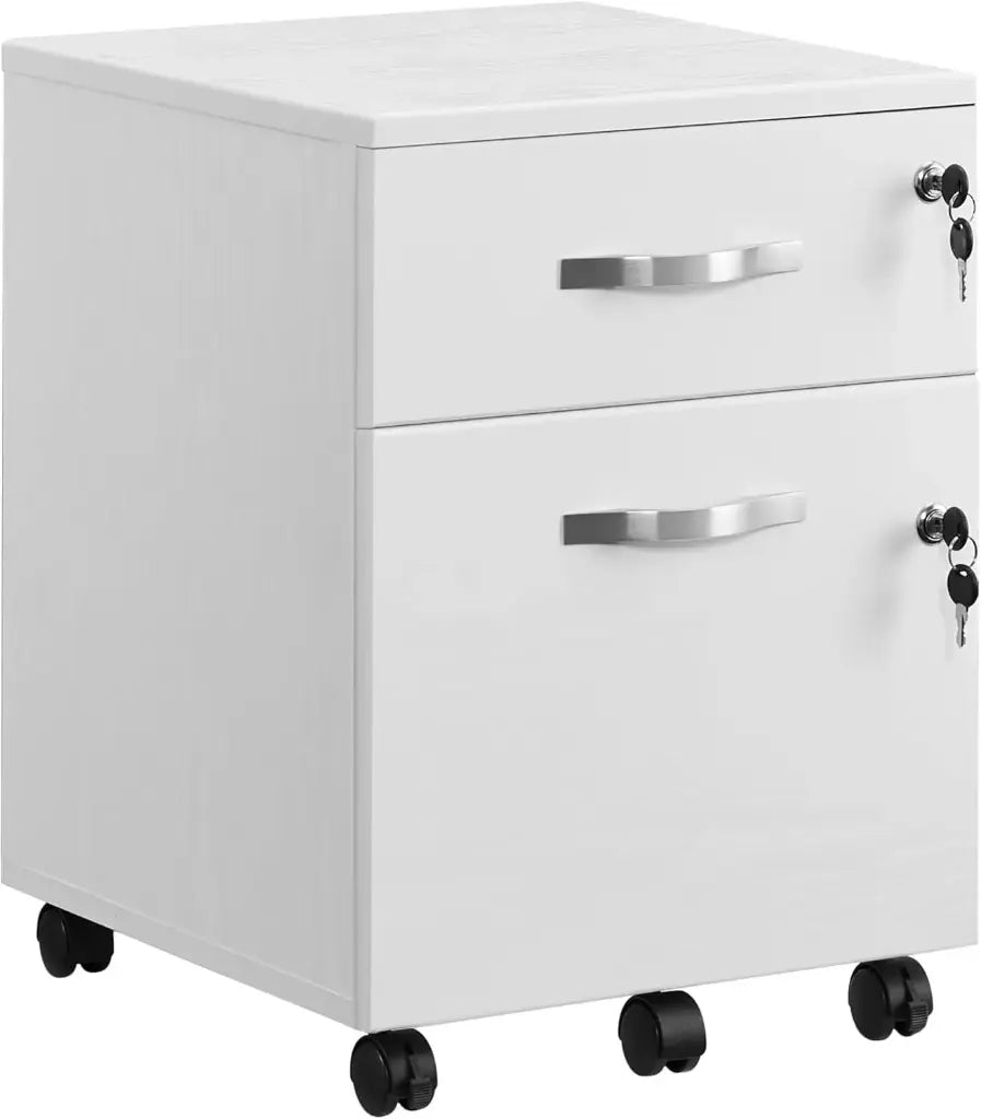VASAGLE Caisson de Bureau à Roulettes – Verrouillable, 2 Tiroirs, 5 Roulettes, Barre de Suspension Réglable, Blanc Nuage