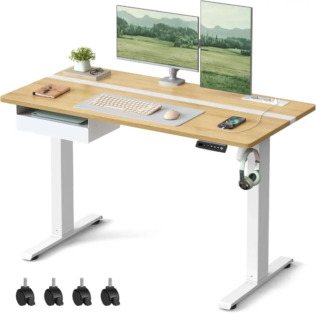 VASAGLE Bureau Électrique Assis-Debout – Réglable en Hauteur, 120 x 60 cm, Multiprise & Tiroir Intégrés, Mémoire 4 Positions, Chêne Naturel & Blanc Nuage