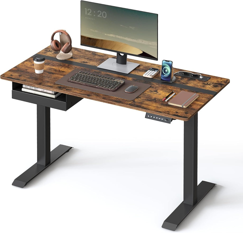 VASAGLE Bureau Électrique Assis-Debout – Réglable en Hauteur, 120 x 60 cm, Multiprise & Tiroir Intégrés, Réglage Continu, Mémoire 4 Positions, Marron Rustique & Noir d’Encre