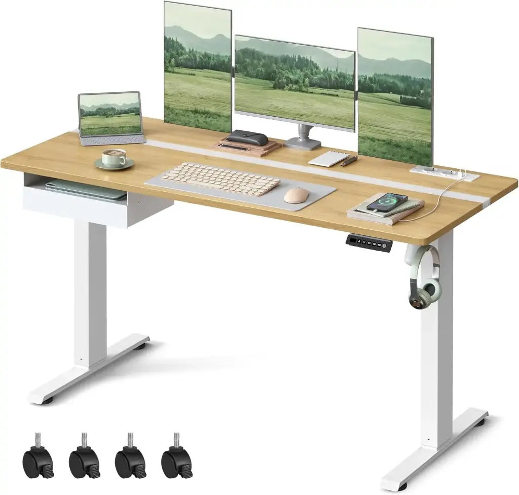 VASAGLE Bureau Électrique Assis-Debout – Réglable en Hauteur, 140 x 60 cm, Multiprise & Tiroir Intégrés, Mémoire 4 Positions, Chêne Naturel & Blanc Nuage