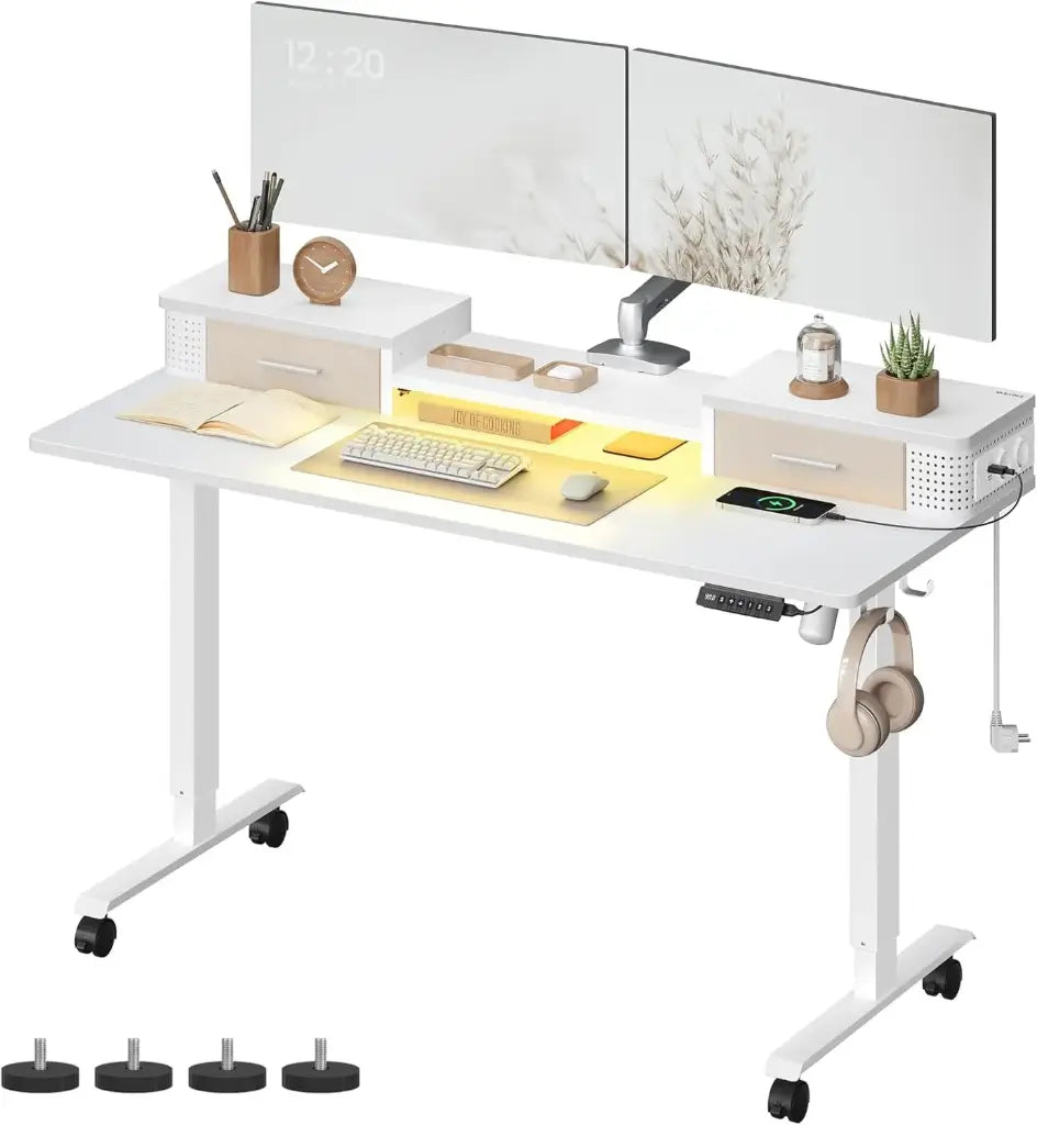 VASAGLE Bureau Électrique Assis-Debout – Réglable en Hauteur, 140 x 60 cm, Mémoire Intégrée, Blanc Nuage