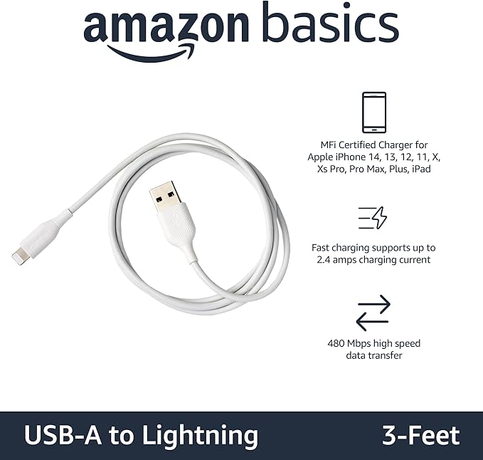 Amazon Basics Câble de chargement USB-A vers Lightning( 0.9 m) blanc