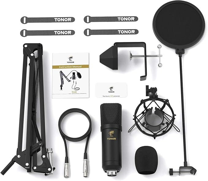 TONOR Microphone à Condensateur, Micro Cardioïde XLR Professionnel avec Bras T20 pour Streaming