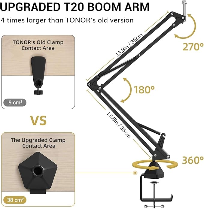 TONOR Microphone à Condensateur, Micro Cardioïde XLR Professionnel avec Bras T20 pour Streaming