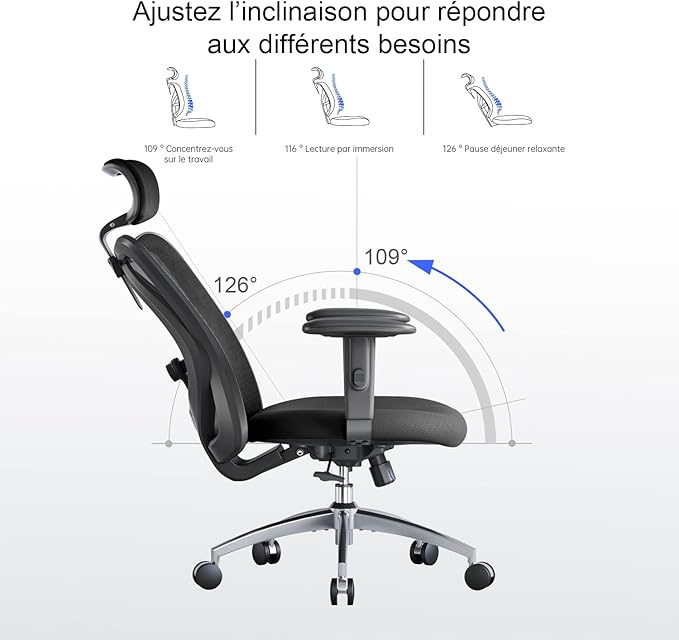 SONGMICS Chaise de Bureau Ergonomique – Réglable en Hauteur, Pivotante avec Appui-Tête, Noir d’Encre