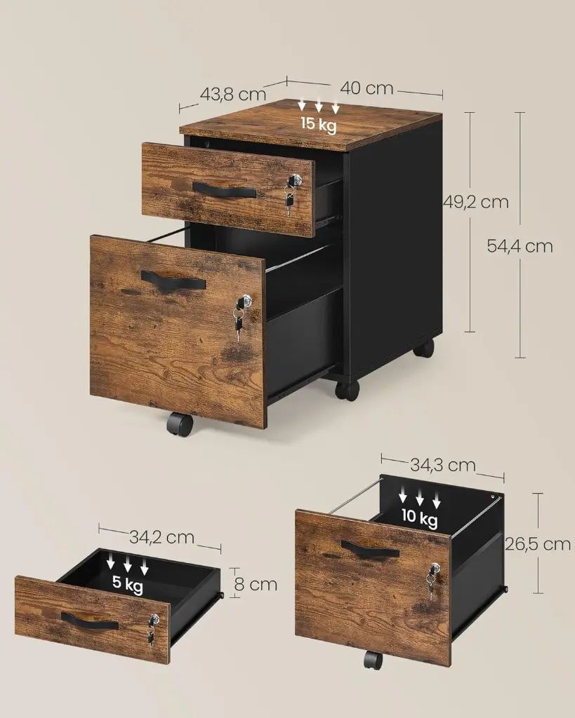 VASAGLE Caisson de Bureau à Roulettes – Verrouillable, 2 Tiroirs, Barre de Suspension Réglable, 5 Roulettes, Marron Rustique & Noir d’Encre