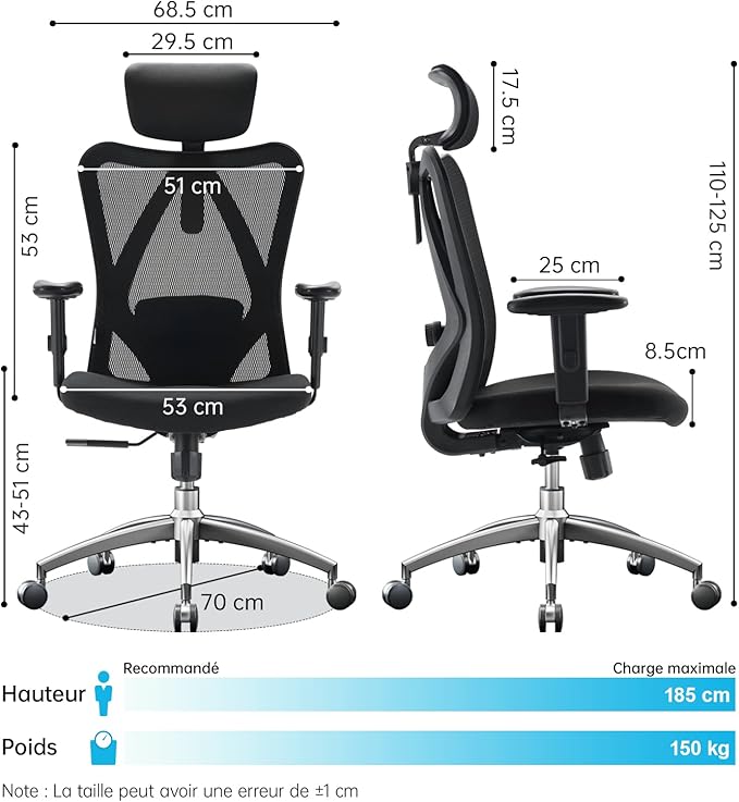 SONGMICS Chaise de Bureau Ergonomique – Réglable en Hauteur, Pivotante avec Appui-Tête, Noir d’Encre