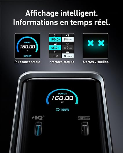 Anker Station d'accueil de charge Prime, 14 ports avec sortie maximale de 160 W et alimentation GaN AC-DC intégrée, transferts de données 10 Gbit/s