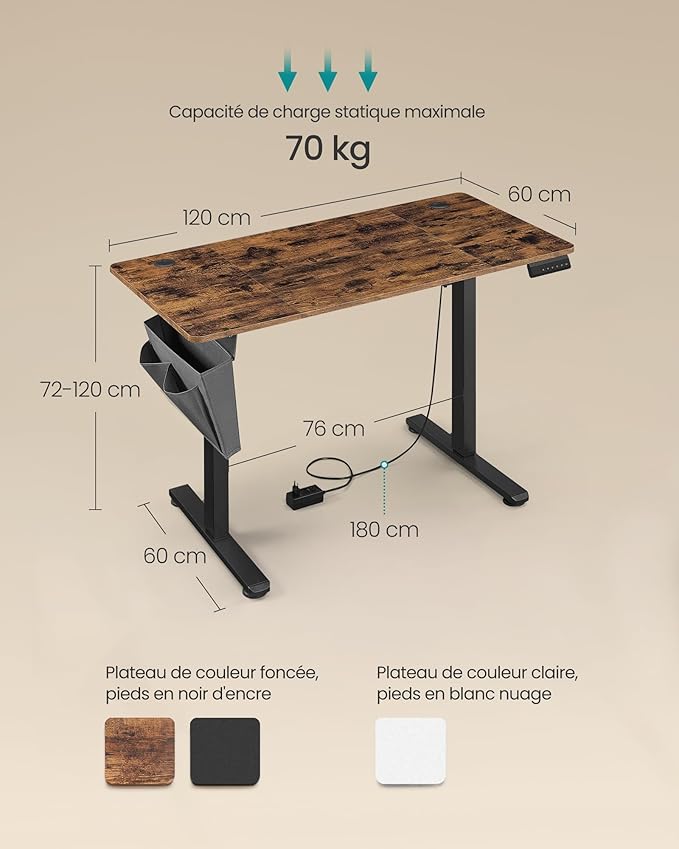 SONGMICS Bureau Électrique Assis-Debout – Réglable en Hauteur, 120 x 60 cm, 4 Hauteurs Mémorisables