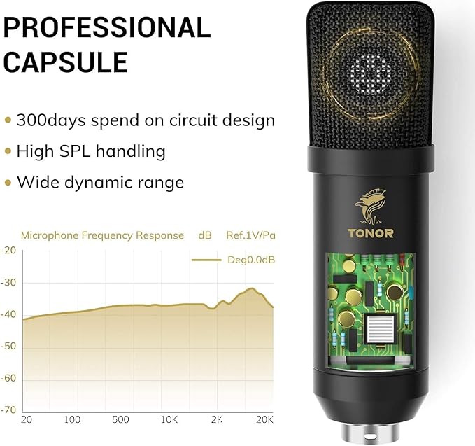 TONOR Microphone à Condensateur, Micro Cardioïde XLR Professionnel avec Bras T20 pour Streaming