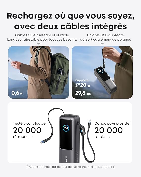 Anker Zolo Batterie Externe pour Ordinateurs Portables, Chargeur 25000mAh 3 Ports USB-C 100W pour Plusieurs appareils, câble intégré