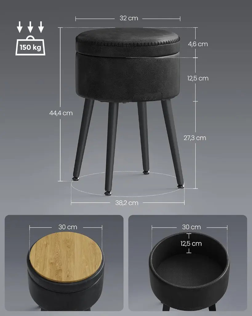 VASAGLE EKHO – Pouf de Rangement Rond avec Pieds en Acier, Noir d’Encre