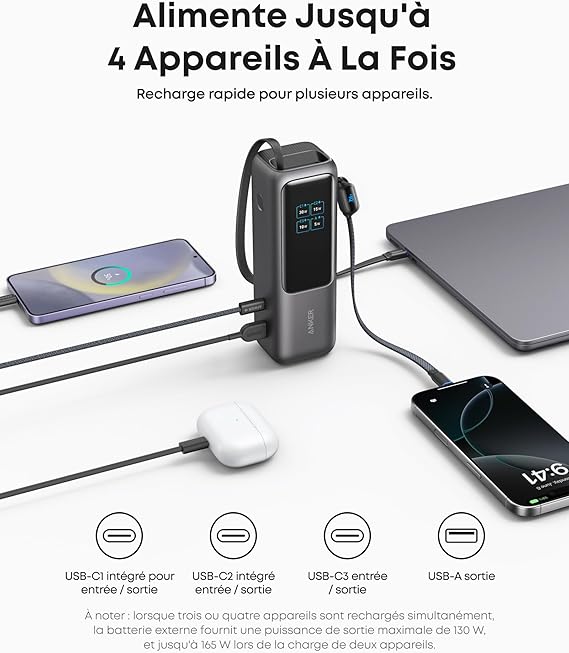Anker Zolo Batterie Externe pour Ordinateurs Portables, Chargeur 25000mAh 3 Ports USB-C 100W pour Plusieurs appareils, câble intégré