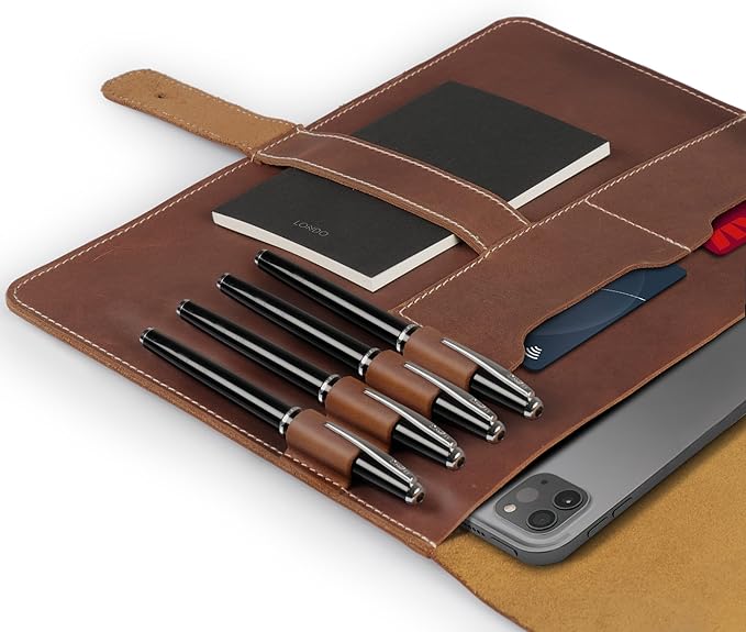 Londo - Housse de Tablette en Cuir véritable avec Deux emplacements pour Cartes et Porte-stylos en Cuir/Apple Pencil (12,9 Pouces Marron)
