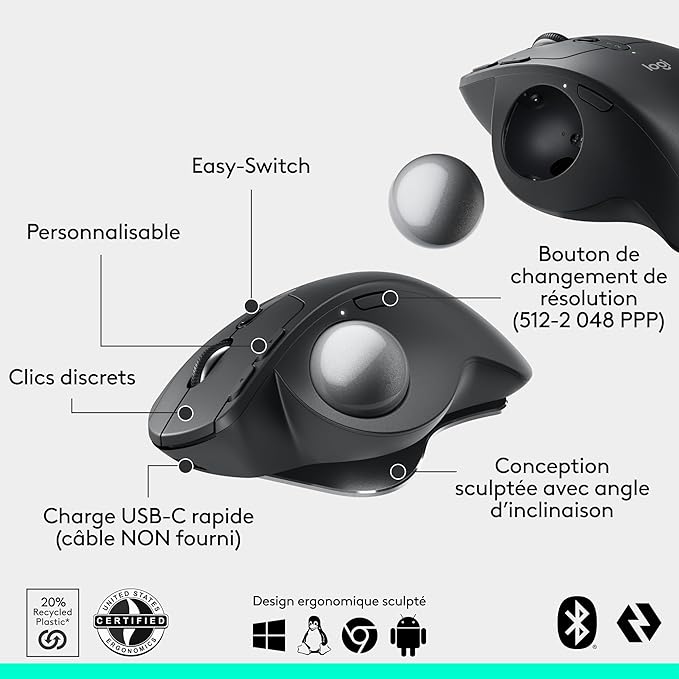 Logitech MX Ergo Trackball, Souris Ergonomique Sans Fil