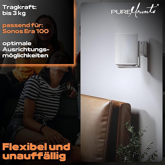 Support  PureMounts de Haut-Parleur pour Sonos Era 100,avec Gestion des câbles, pivotant +/-45°, inclinable 0/-18°, Blanc