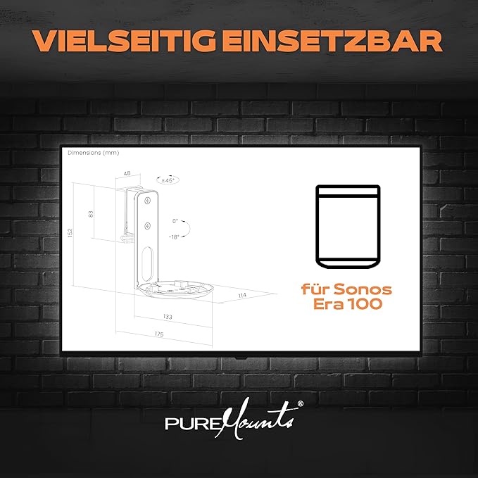 Support  PureMounts de Haut-Parleur pour Sonos Era 100,avec Gestion des câbles, pivotant +/-45°, inclinable 0/-18°, Blanc