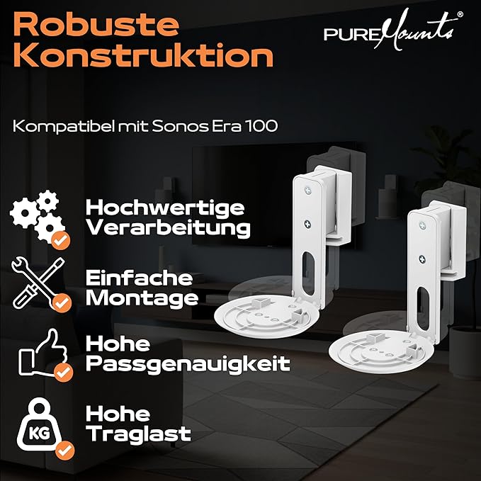 Support  PureMounts de Haut-Parleur pour Sonos Era 100,avec Gestion des câbles, pivotant +/-45°, inclinable 0/-18°, Blanc