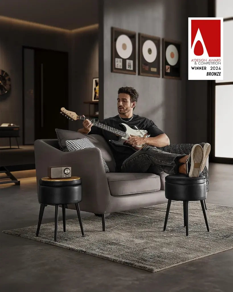 VASAGLE EKHO – Pouf de Rangement Rond avec Pieds en Acier, Noir d’Encre