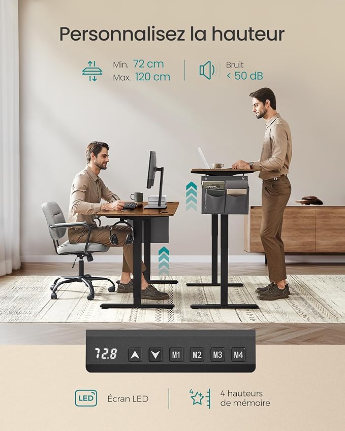 SONGMICS Bureau Électrique Assis-Debout – Réglable en Hauteur, 120 x 60 cm, 4 Hauteurs Mémorisables