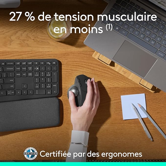 Logitech MX Ergo Trackball, Souris Ergonomique Sans Fil
