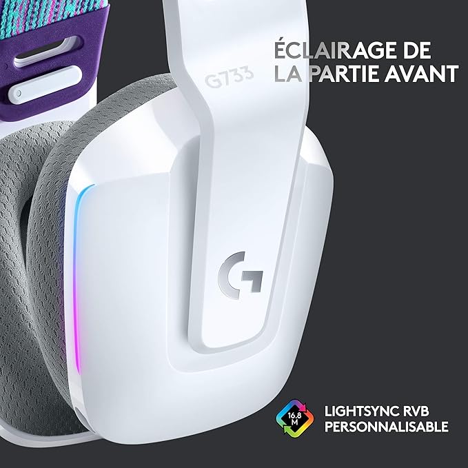 Logitech G G733 Casque Gamer Sans Fil LIGHTSPEED avec Bandeau de Suspension, LIGHTSYNC RVB, de Micro Blue VO!CE- Blanc