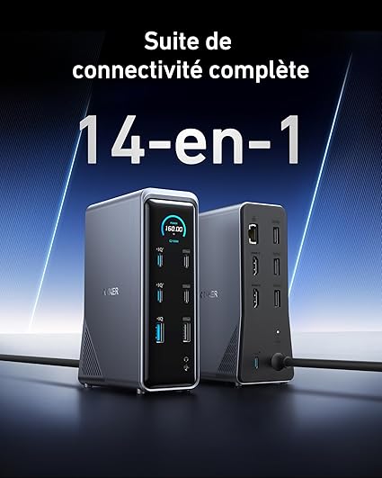 Anker Station d'accueil de charge Prime, 14 ports avec sortie maximale de 160 W et alimentation GaN AC-DC intégrée, transferts de données 10 Gbit/s