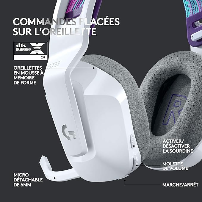 Logitech G G733 Casque Gamer Sans Fil LIGHTSPEED avec Bandeau de Suspension, LIGHTSYNC RVB, de Micro Blue VO!CE- Blanc