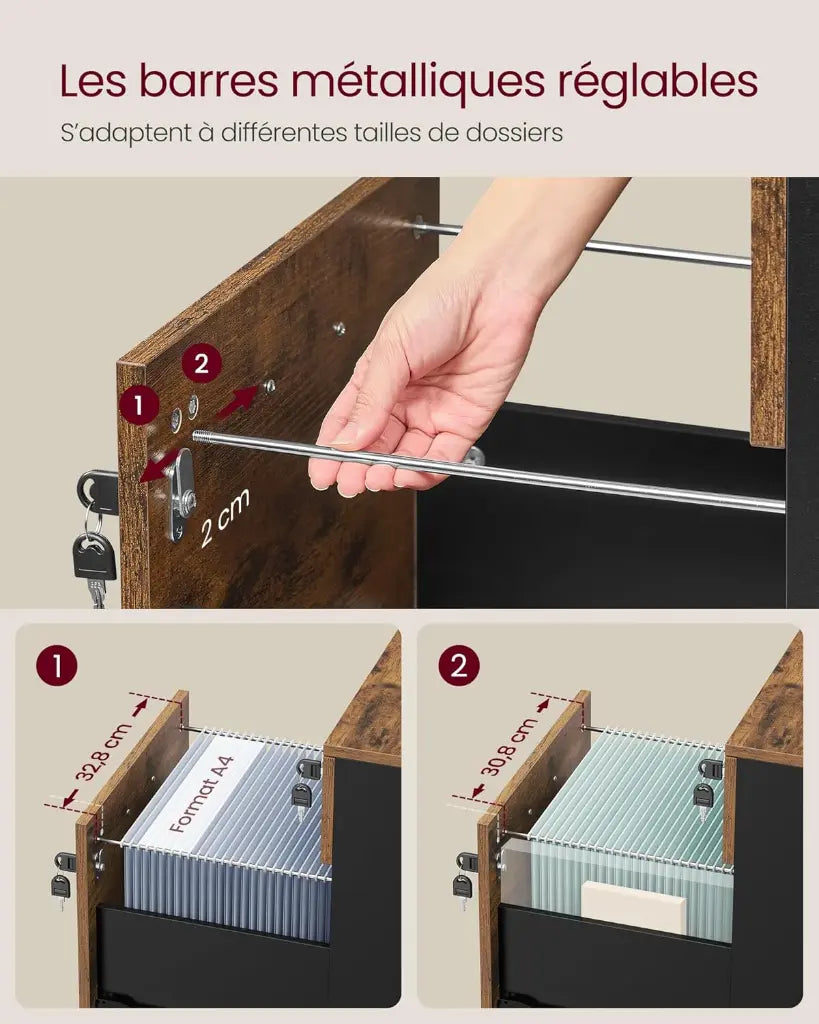 VASAGLE Caisson de Bureau à Roulettes – Verrouillable, 2 Tiroirs, Barre de Suspension Réglable, 5 Roulettes, Marron Rustique & Noir d’Encre