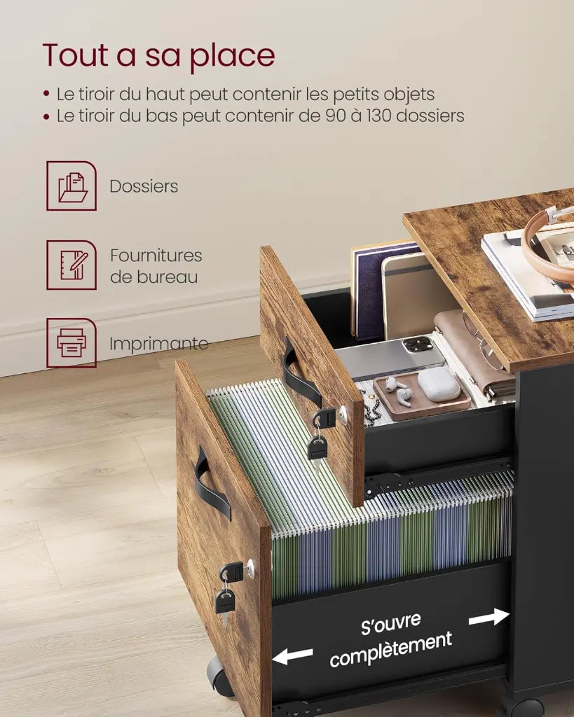 VASAGLE Caisson de Bureau à Roulettes – Verrouillable, 2 Tiroirs, Barre de Suspension Réglable, 5 Roulettes, Marron Rustique & Noir d’Encre