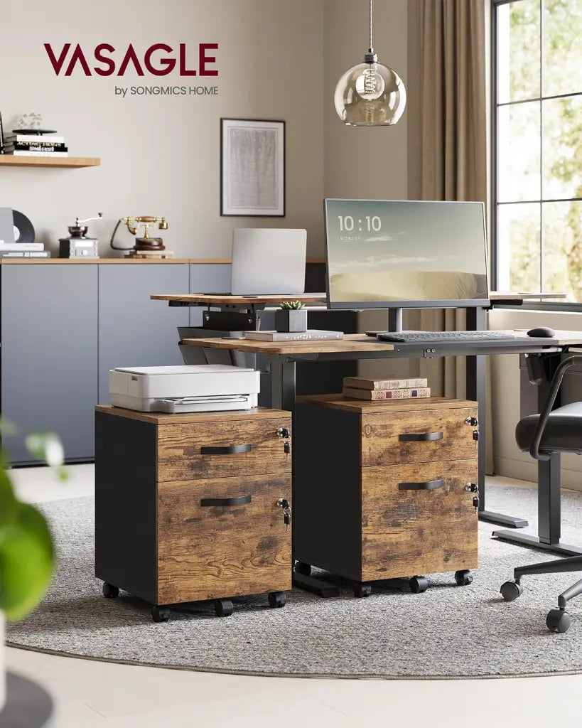 VASAGLE Caisson de Bureau à Roulettes – Verrouillable, 2 Tiroirs, Barre de Suspension Réglable, 5 Roulettes, Marron Rustique & Noir d’Encre