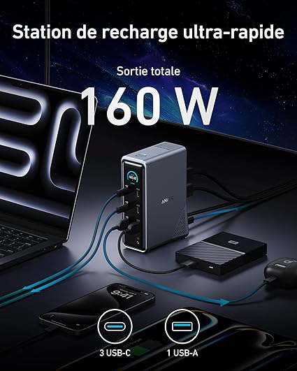 Anker Station d'accueil de charge Prime, 14 ports avec sortie maximale de 160 W et alimentation GaN AC-DC intégrée, transferts de données 10 Gbit/s