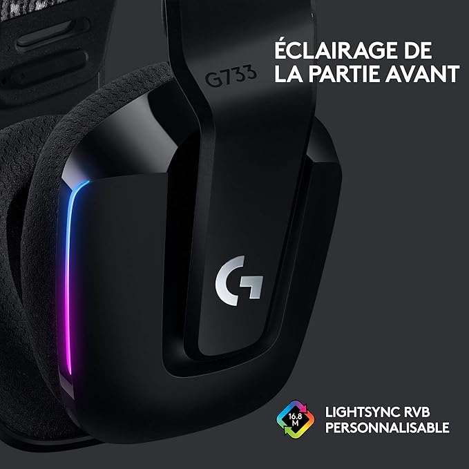 Logitech G G733 Casque Gamer Sans Fil LIGHTSPEED avec Bandeau de Suspension, LIGHTSYNC RVB, de Micro Blue VO!CE- Noir