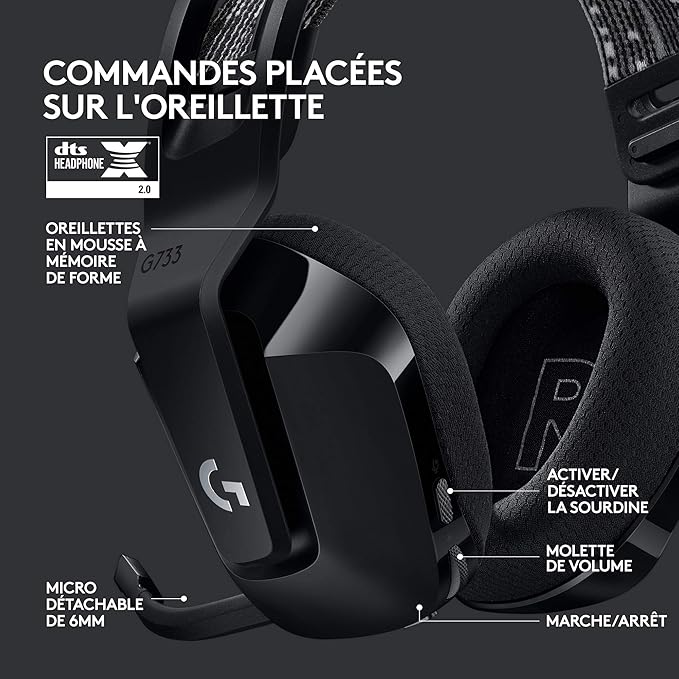 Logitech G G733 Casque Gamer Sans Fil LIGHTSPEED avec Bandeau de Suspension, LIGHTSYNC RVB, de Micro Blue VO!CE- Noir