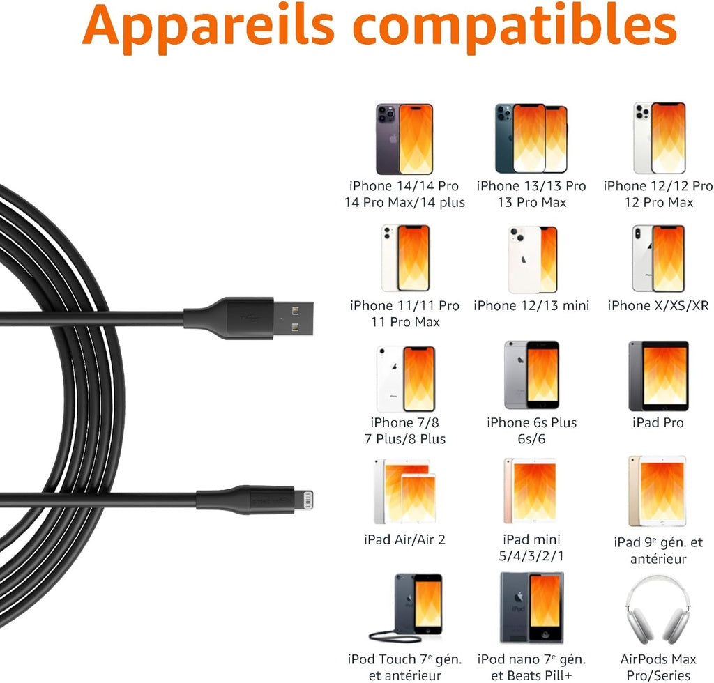 Amazon Basics Câble de chargement USB-A vers Lightning(3m) Noir
