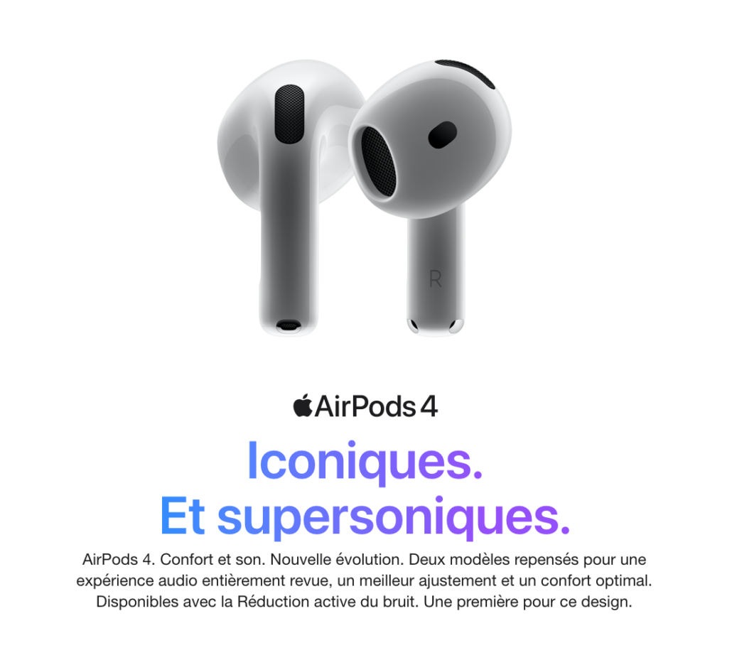 Apple AirPods 4 écouteurs sans fil 5 heures d'autonomie  avec Réduction active du bruit