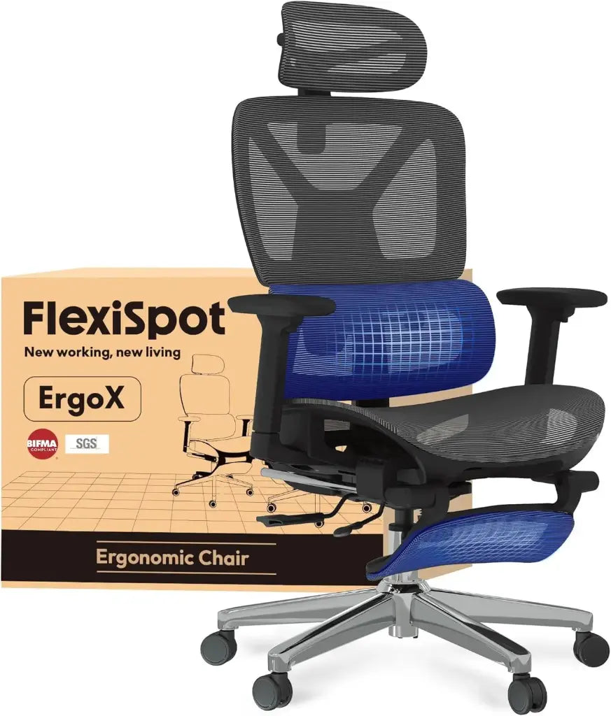 FLEXISPOT ErgoX Pro – Chaise de Bureau Ergonomique avec Repose-Pieds, Accoudoirs 3D, Appuie-Tête & Soutien Lombaire Indépendant, Noir