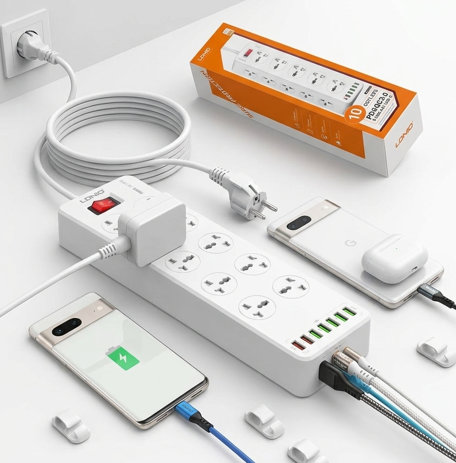 LDNIO SC10610 2500W Multiprise Electrique, Prise Multiple 200cm, Protection Contre les Surtensions et Interrupteur - 10 prises AC avec port USB et USB-C
