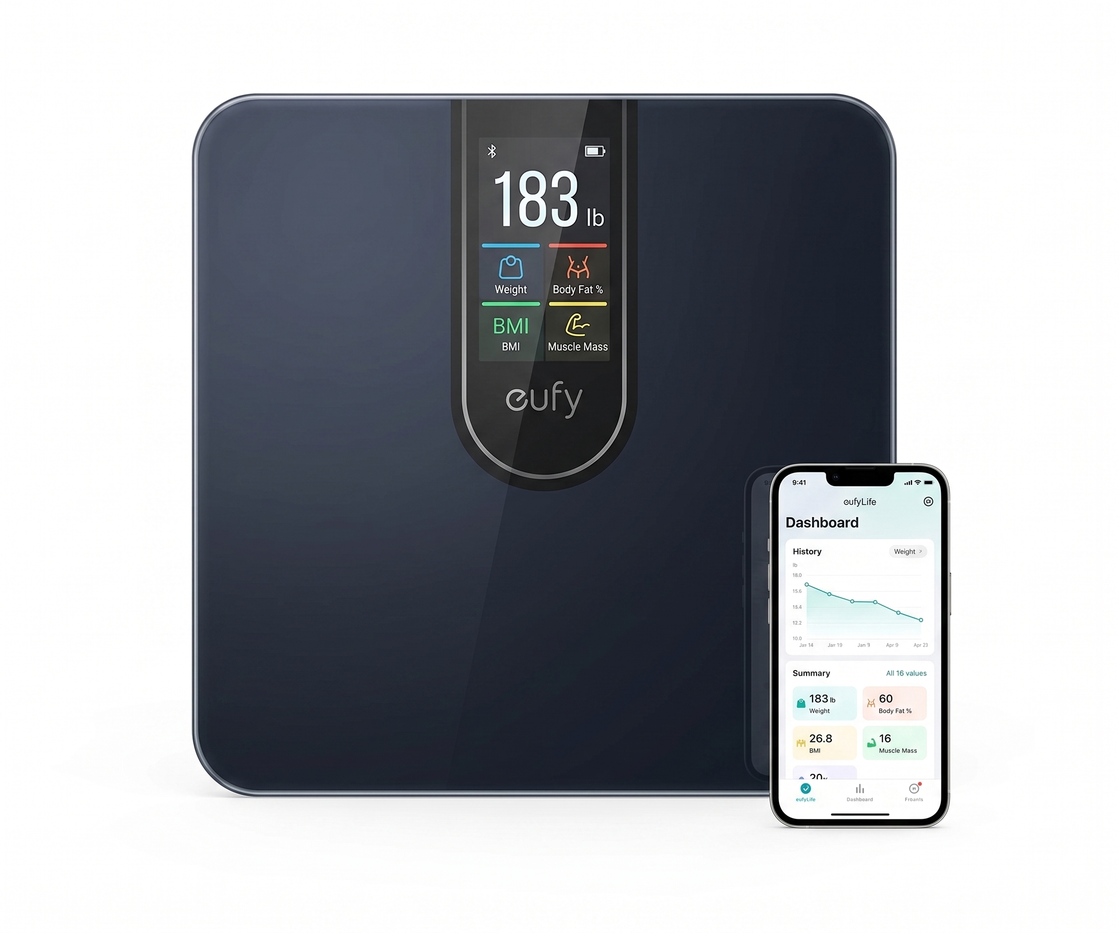 eufy C20 Pèse-personne intelligent numérique Grand écran TFT Bluetooth 16 valeurs de mesure