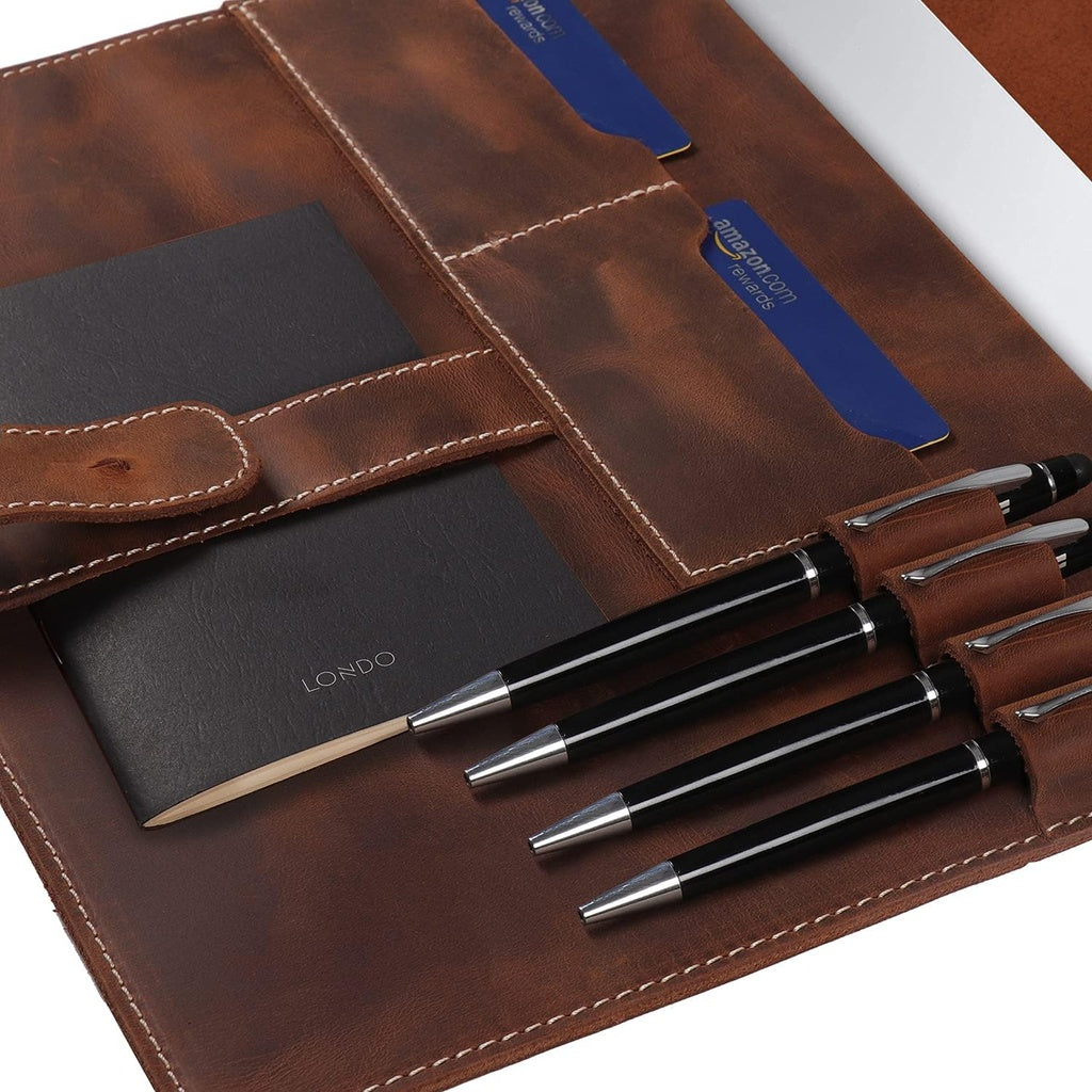 LONDO Étui en Cuir véritable pour Tablette avec Deux emplacements pour Cartes et Porte-Stylo en Cuir (11 Pouces Marron)